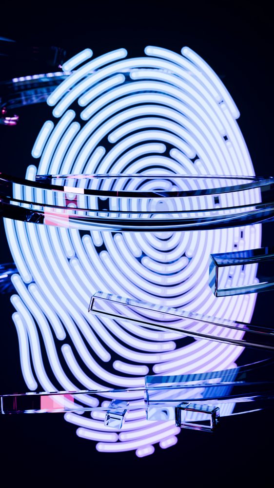 Glowing blue neon fingerprint adjacent to clear glass shapes on a dark background in a digital art illustration.
