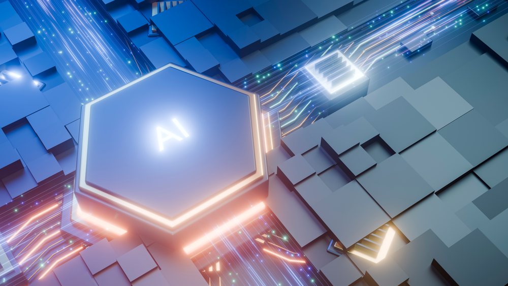 Hexagonal AI microchip with glowing circuit lines and abstract digital data flow representing futuristic technology.