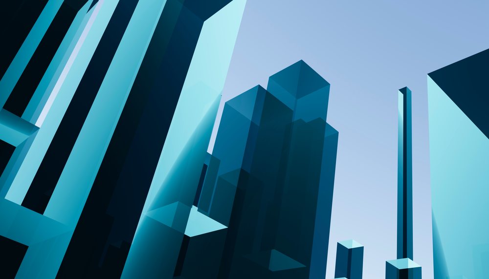 Blue glass skyscrapers reflect sunlight in a modern urban cityscape under a clear sky.