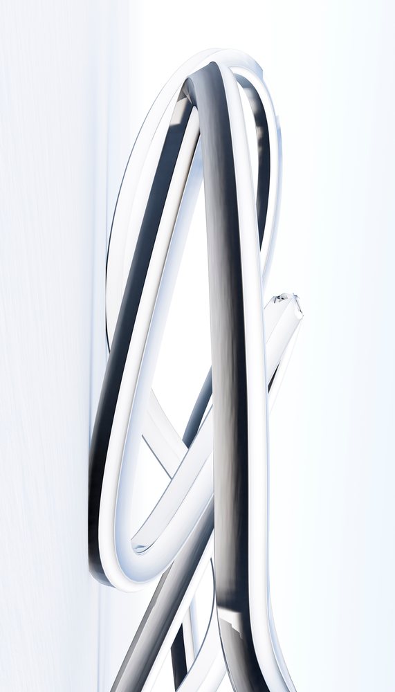 abstract sculpture composed of curved intertwined metal tubes with reflective surfaces on a white background.