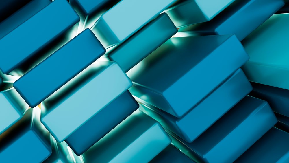 Abstract blue 3D geometric cubes clustered in a digital illustration composition.