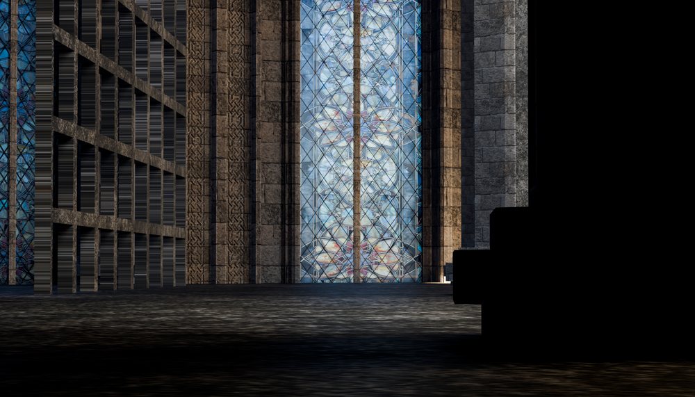 Interior view of a stone-walled Gothic architectural space showing a large blue patterned stained glass window with sunlight casting shadows.