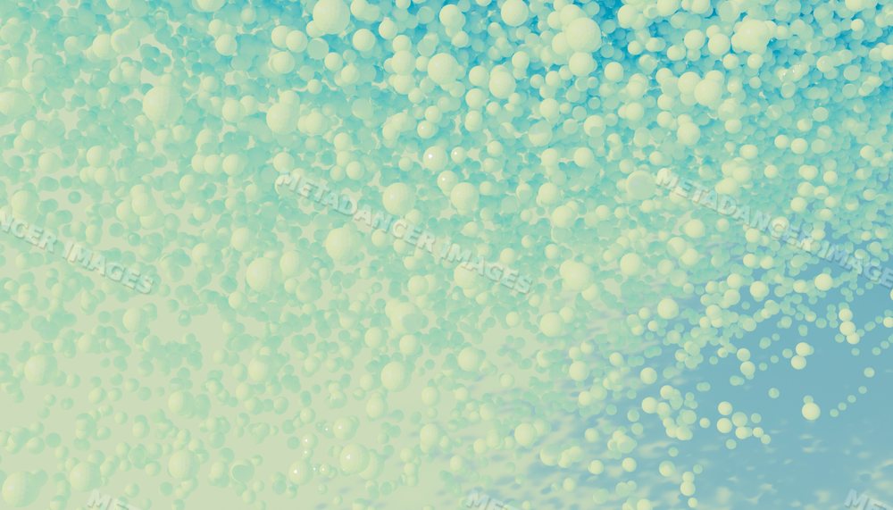 A dense cluster of floating white spheres forming an abstract pattern