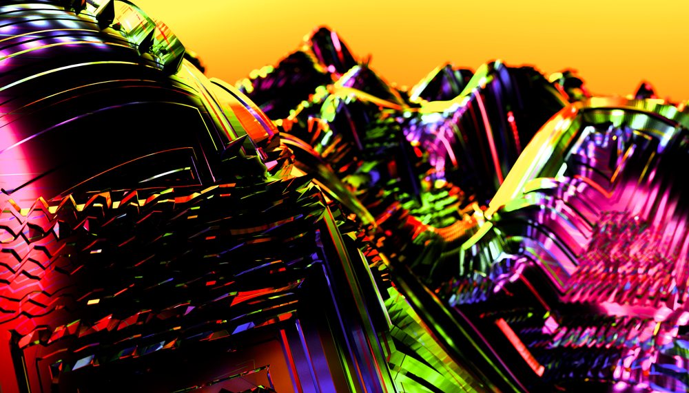 Abstract digital artwork featuring colorful, metallic geometric shapes with a bright orange background.