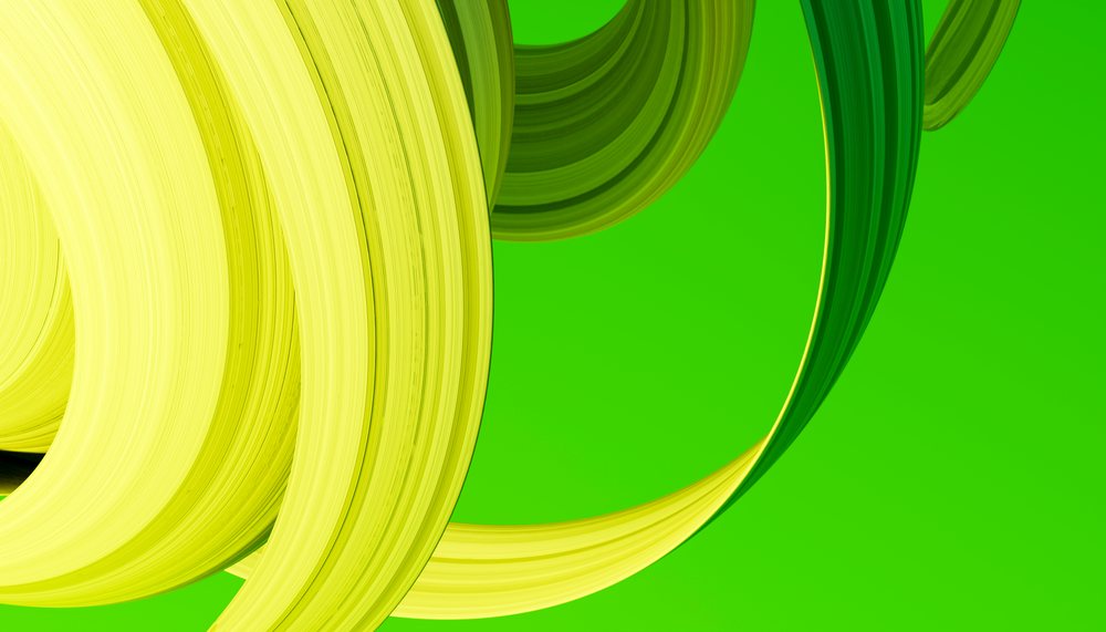 Yellow curved brush strokes against a green background creating an abstract artistic composition.