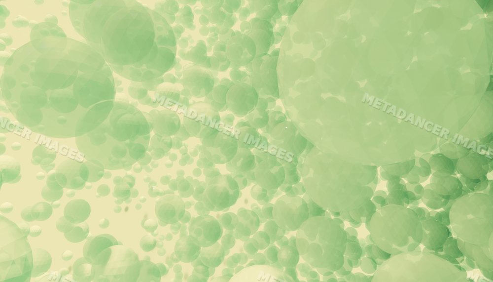 Multiple translucent green spheres floating