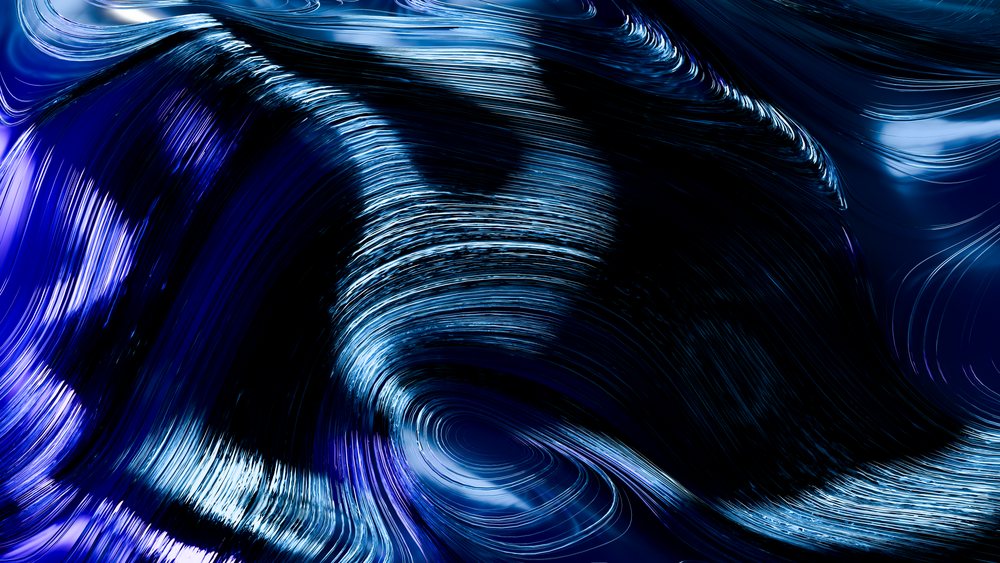Abstract 3D illustration of flowing dark and light blue waves forming smooth swirling ripple patterns.