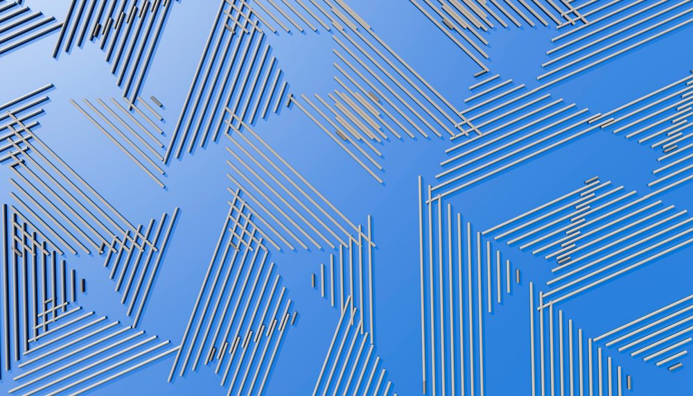 abstract pattern of parallel rods creating a geometric design on a blue background.