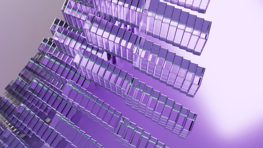 Rows of transparent glass blocks arranged in an abstract geometric pattern on a purple background in a 3D digital illustration.