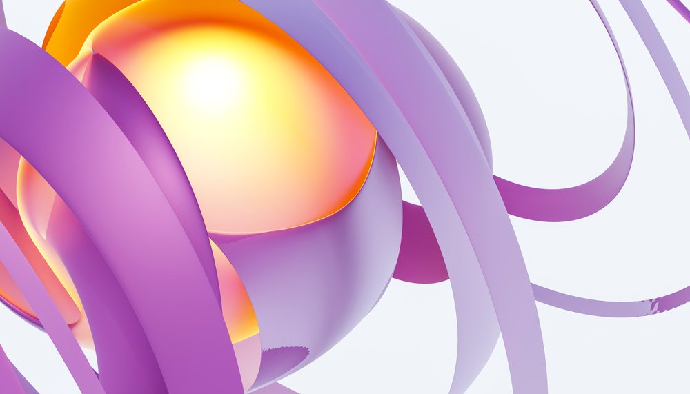 Close-up of an abstract 3D rendering featuring a glowing orange sphere wrapped with smooth purple ribbons in a minimalist digital art composition.