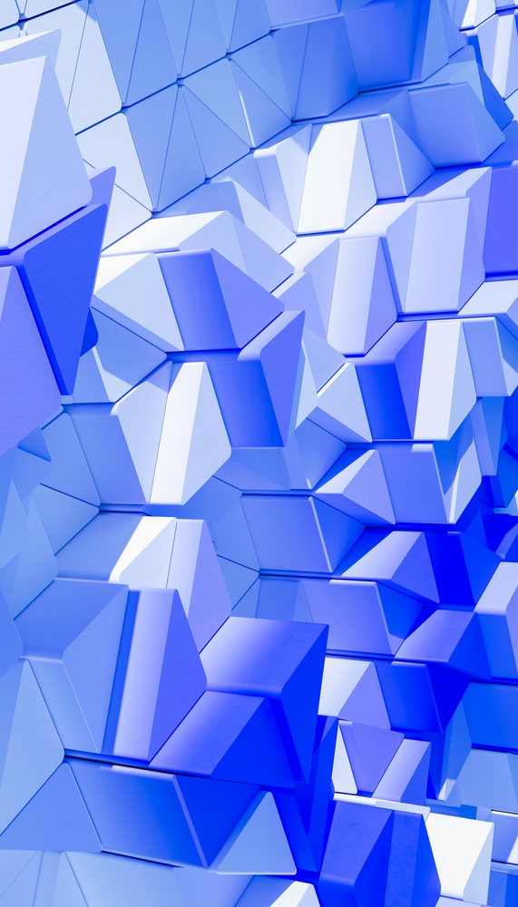 Abstract 3D render of blue triangular prisms forming a repeating geometric pattern with shadows and highlights.