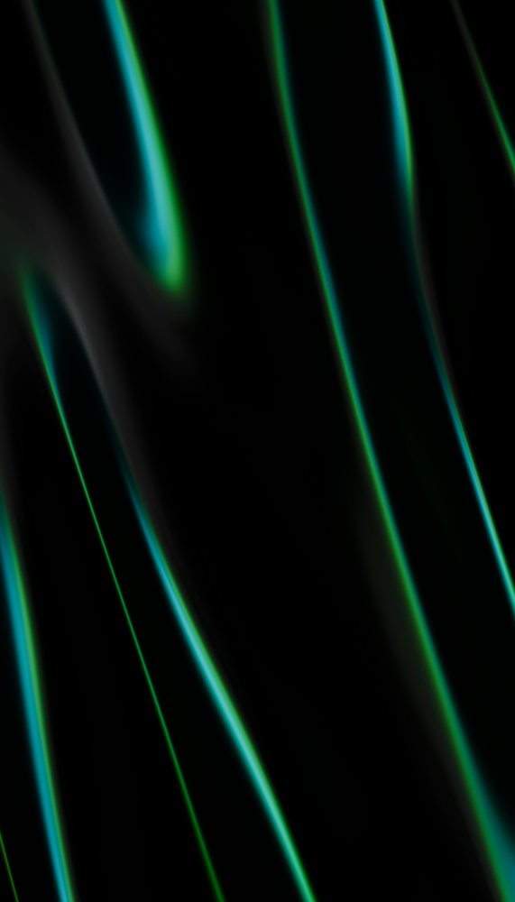 Abstract dark background with glowing green and blue light streaks creating a dynamic flowing pattern.
