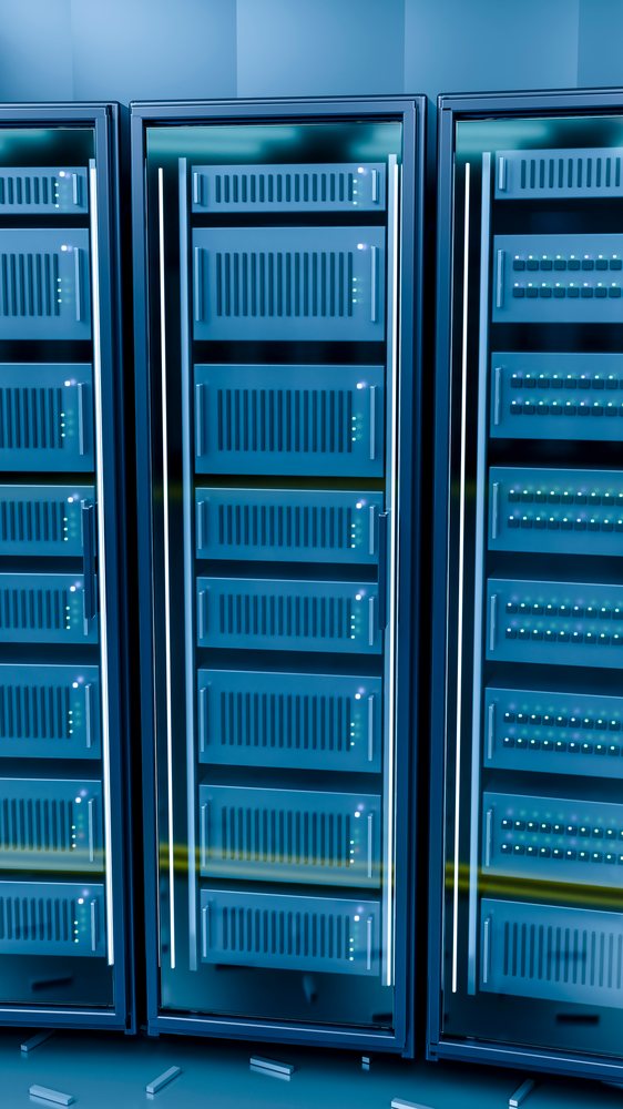 Multiple server racks with vertically arranged network equipment.