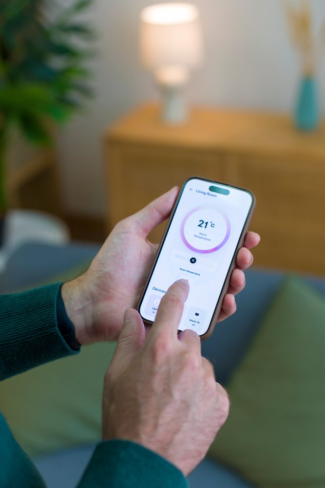 Person uses a smartphone app to adjust the room temperature at 21 degrees Celsius in a living room setting, Young adult, home.