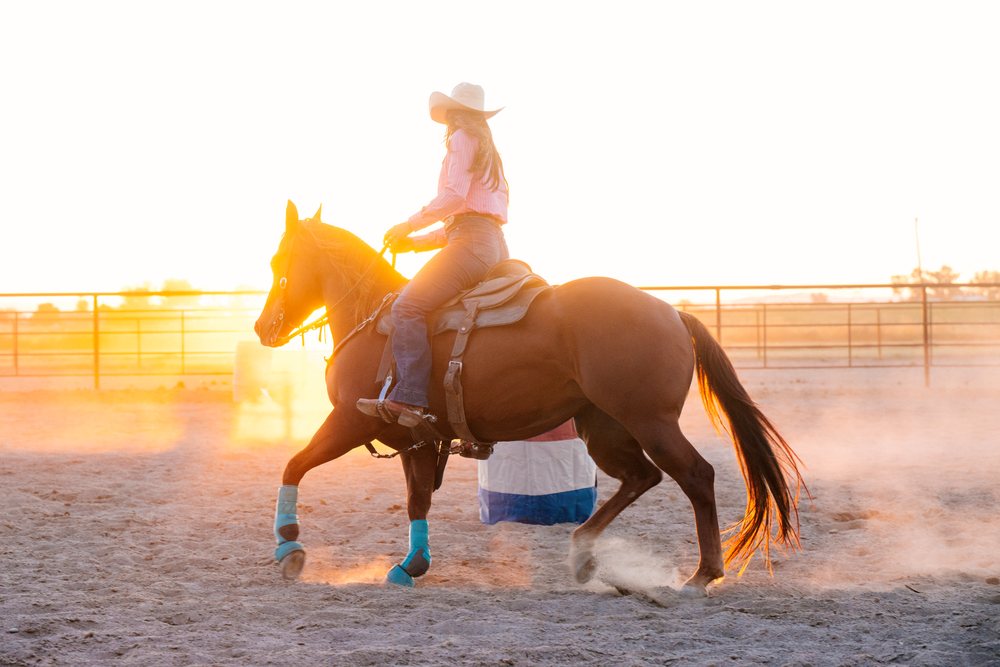 Horseback rider wearing a Western hat rides a horse with hoof protection in a dusty arena at sunset, Southwest USA.