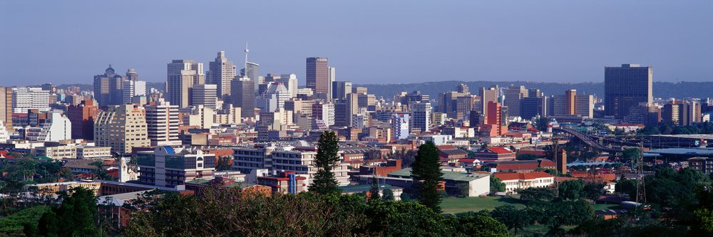 Daytime skyline of Durban with skyscrapers, buildings, and city hospital, South Africa.