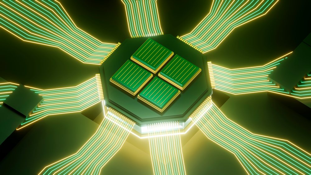 Computer chip with green circuit board and glowing electronic data lines in a futuristic digital technology illustration.