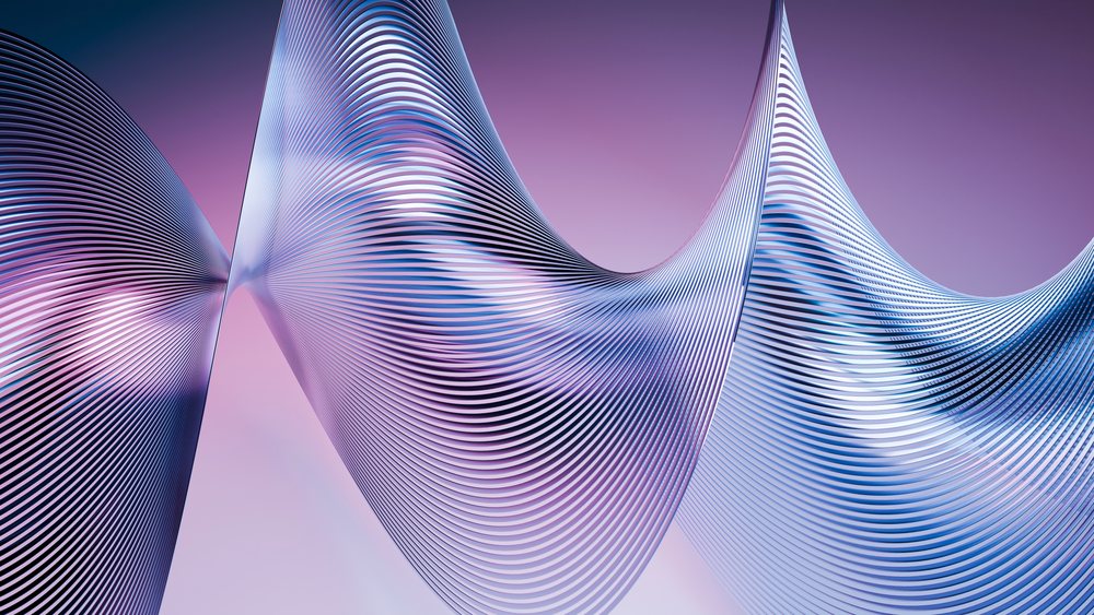 Abstract digital illustration features flowing blue and purple ribbons forming a smooth wave pattern on a pink background.