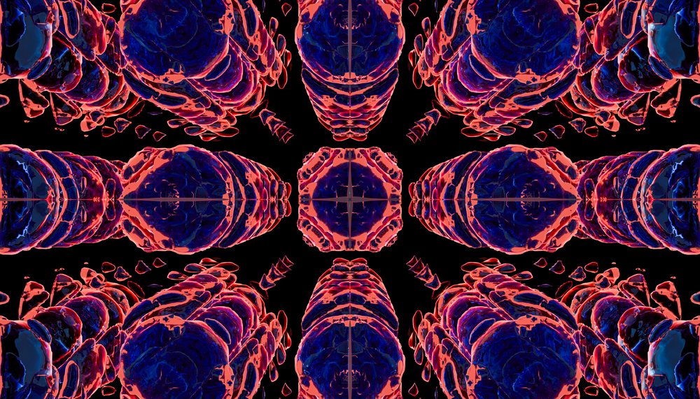 3D abstract symmetrical pattern with blue and red digital shapes on black background.