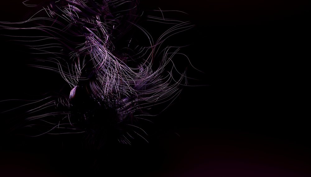 Abstract purple strands of fine lines twisting against a dark background in a fluid digital art form.