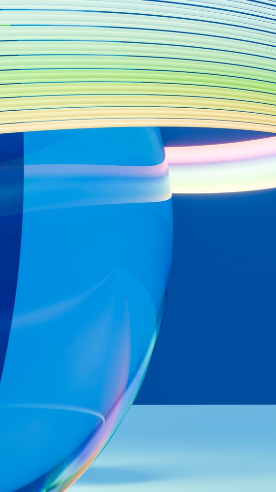 Abstract digital illustration of colorful smooth rings and curved shapes on a blue background.