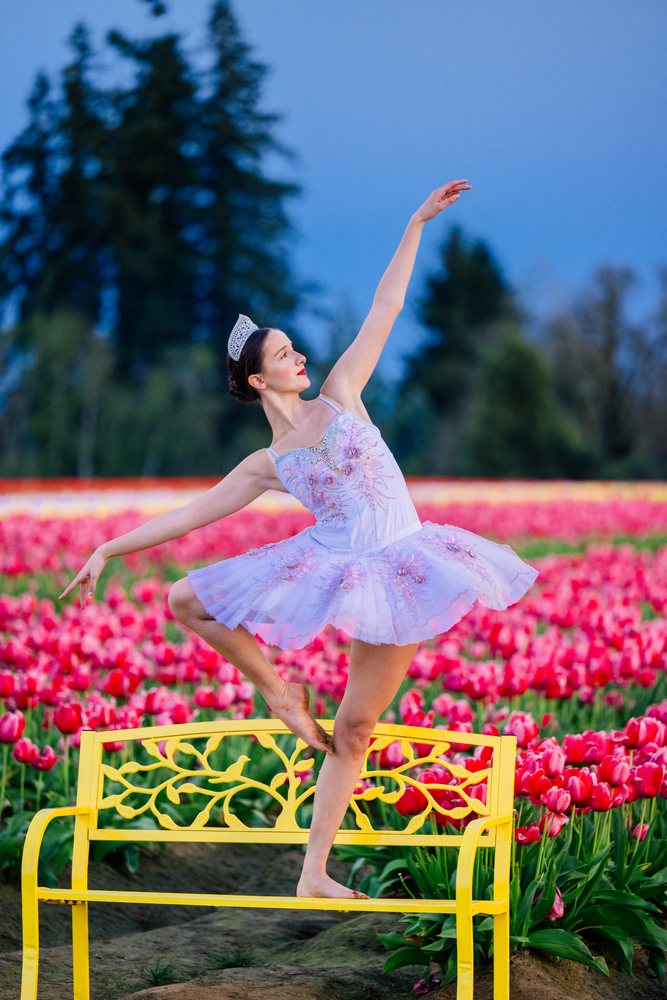Woman ballet dancer barefoot in a lilac floral embroidered tutu balances gracefully on a yellow metal bench in a red tulip field outdoors in the USA during evening.