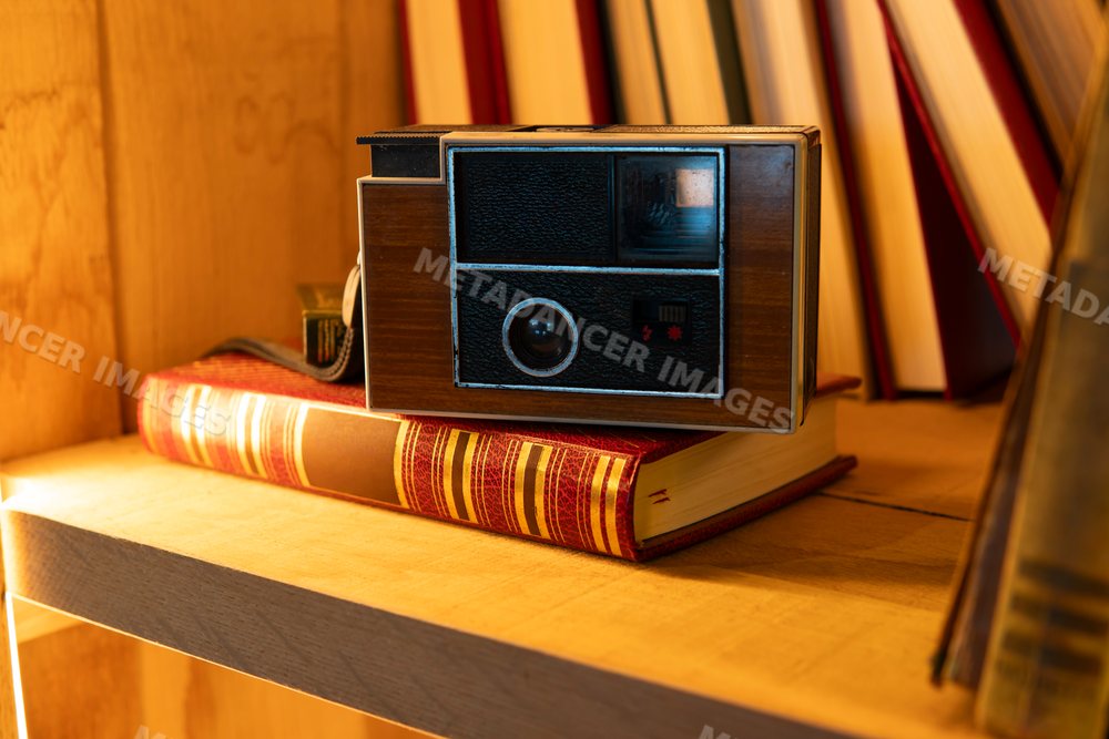 Vintage style camera on red hardcover book in wooden bookshelf