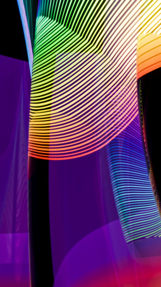 Vibrant digital illustration featuring colorful flowing rainbow lines and curved gradient patterns with glowing stripes.