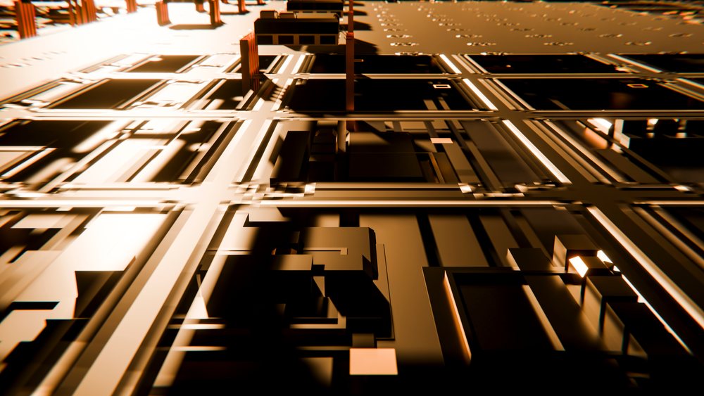 3D illustration of an abstract digital circuit grid.