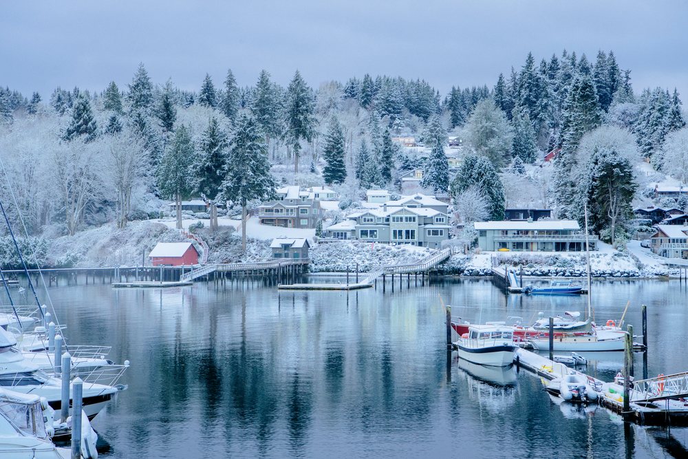 Snow-covered marina with boats docked and pine trees reflecting on calm winter water, WA, USA.