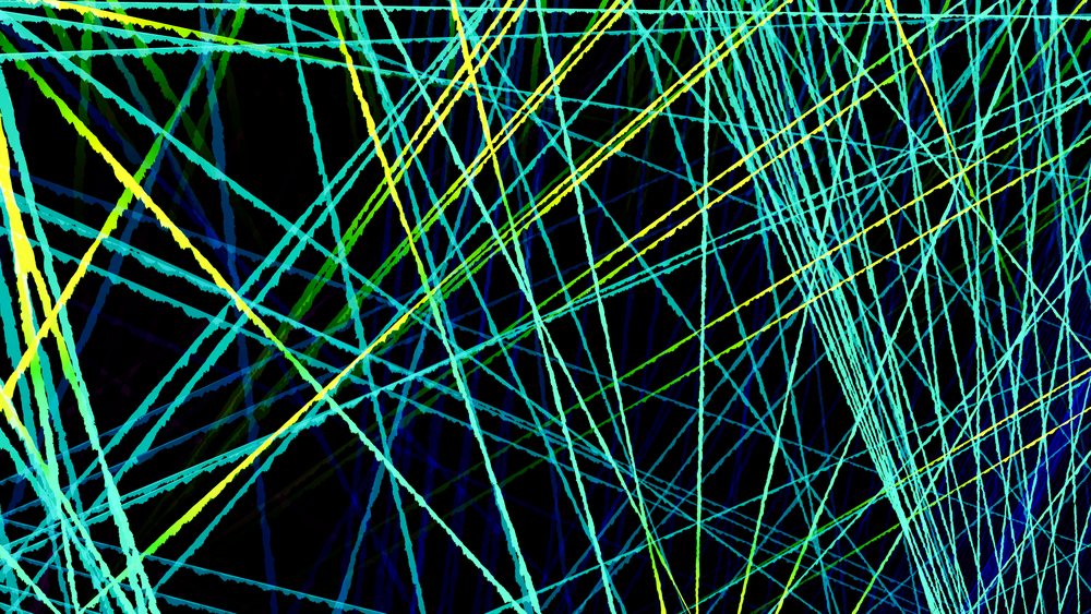 Colorful intersecting neon lines creating an abstract geometric pattern on a black background.