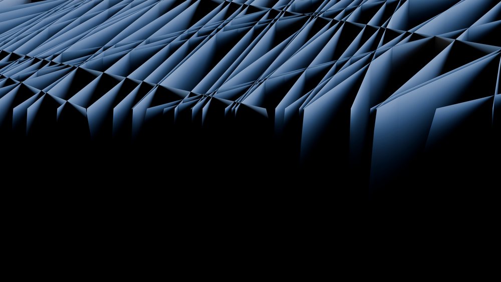 abstract blue geometric shapes with sharp triangular forms and a dark background.