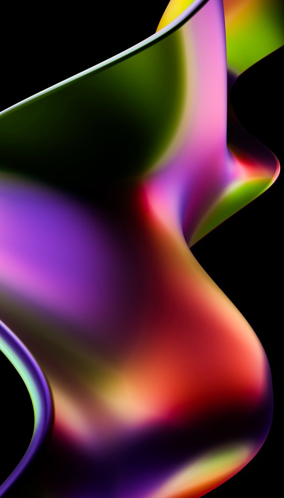 Abstract colorful curved shape with a smooth gradient surface on a black background in digital illustration style.