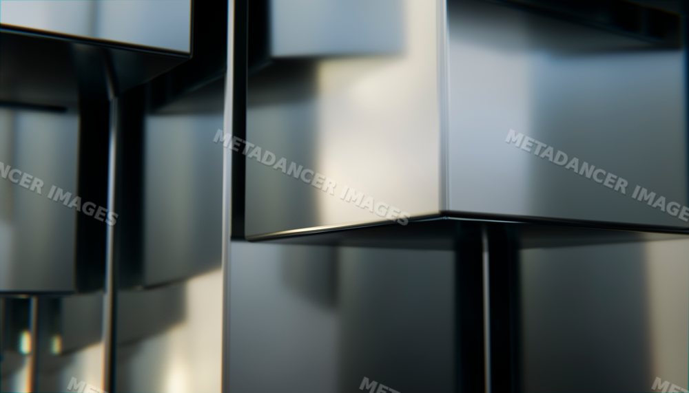 Close-up of interconnected reflective metal cubes in industrial design