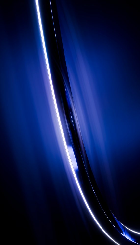 Abstract blue glowing curved light streak with motion blur on dark background.