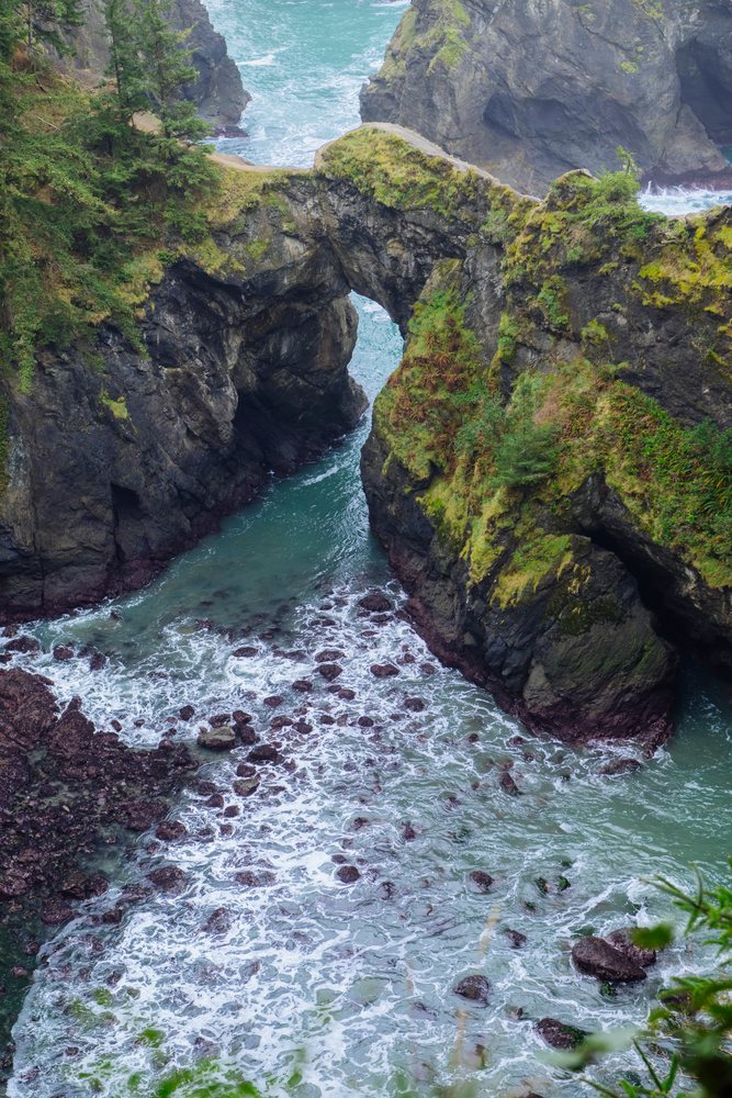 Natural rock arch with ocean waves on rocky coastline, Boardman State Scenic Corridor, Oregon, USA.