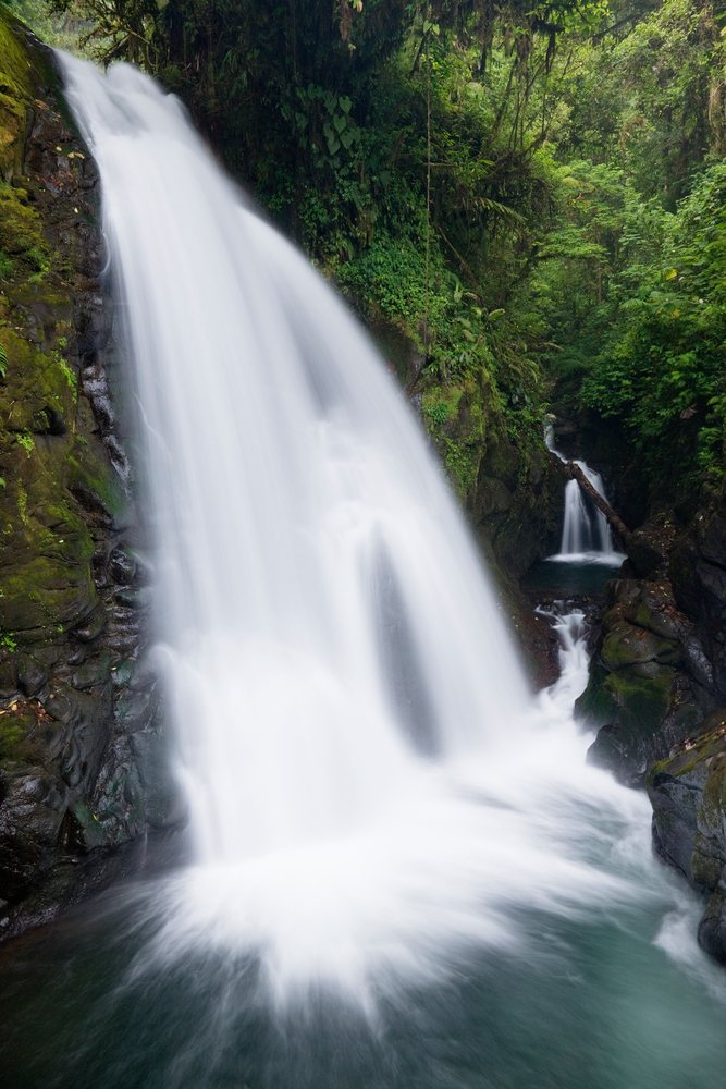 Waterfall flowing into a pool surrounded by dense tropical forest's, Cordillera Central, Costa Rica.