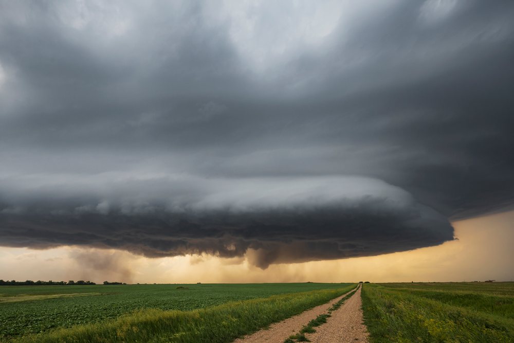 Tornado visible beneath a large dark Supercell storm over a rural grass field with a dirt road, Marion, North Dakota, USA.