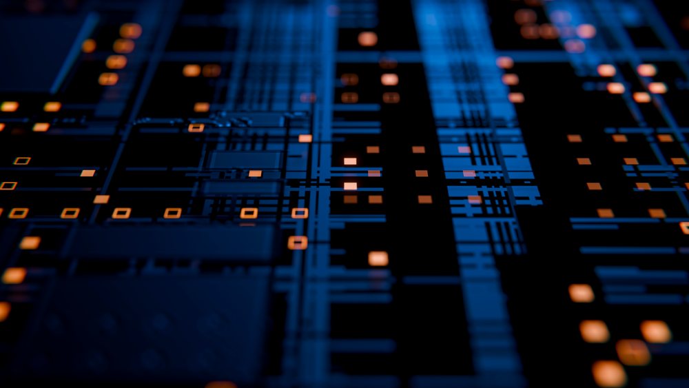 Abstract illustration depicting a blue circuit board with orange digital lights highlighting technology and data flow.