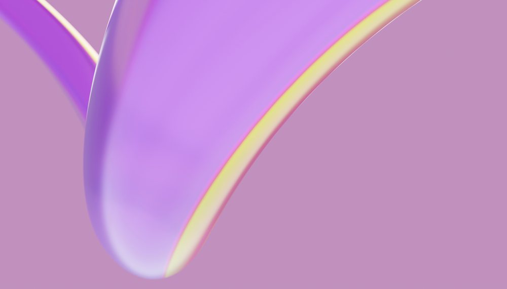Digital 3D rendered abstract smooth purple and yellow curved shapes on a gradient background.