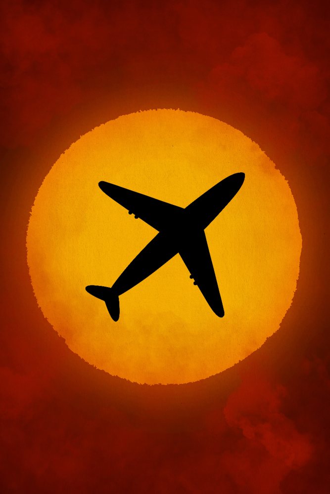 Silhouette of an airplane flying against a large orange sun in a red sky illustration.