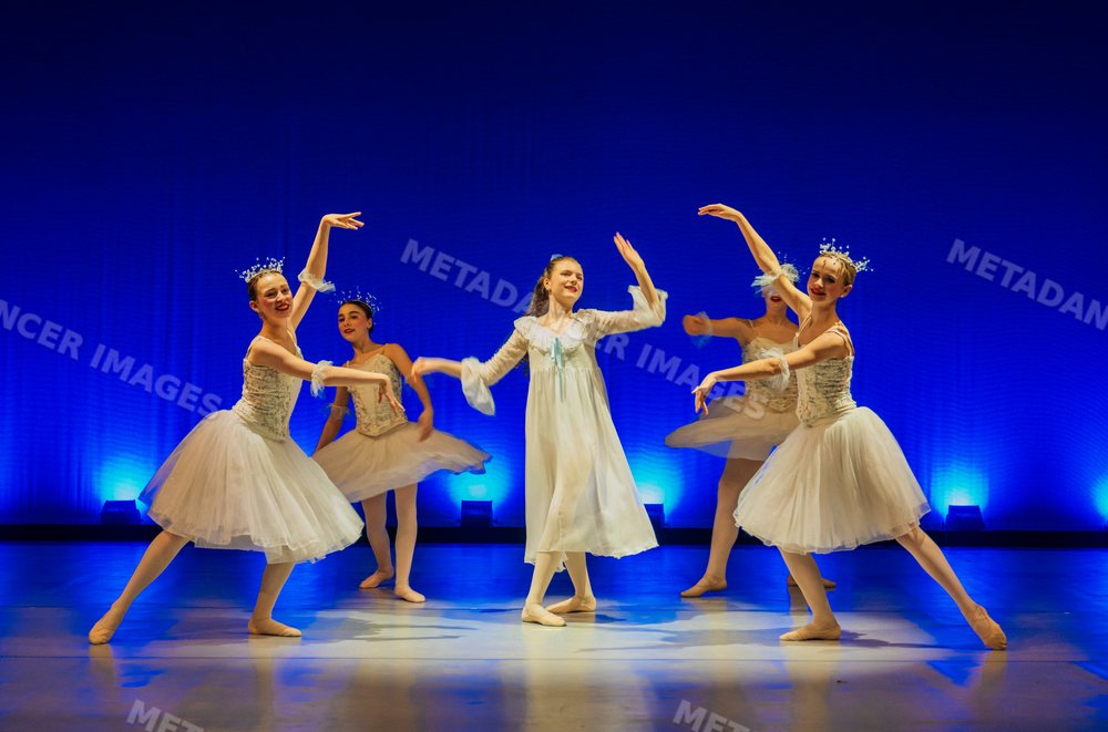 Young ballet dancers perform a classical ballet scene on stage