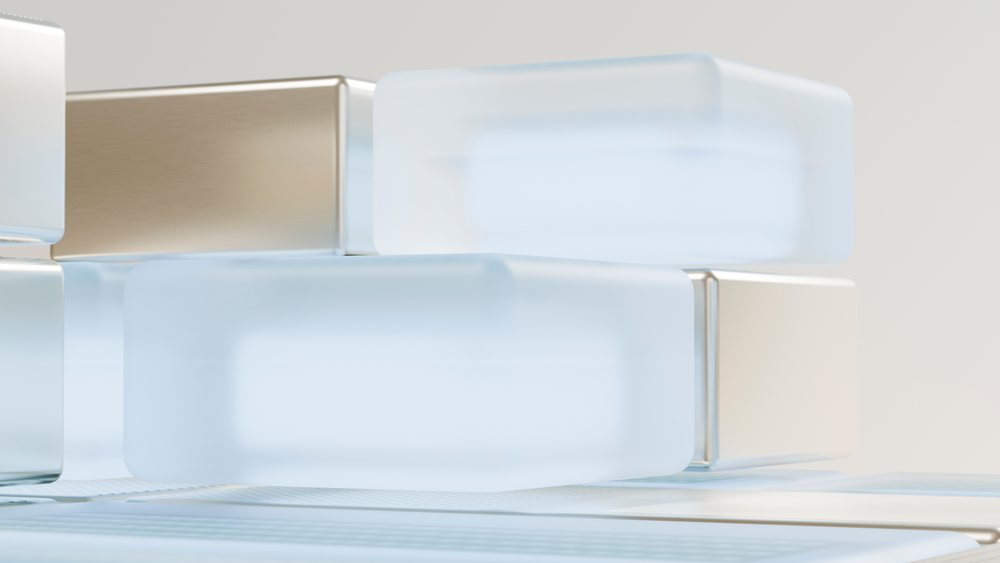 Abstract minimalist composition of stacked rectangular frosted glass and metallic blocks rendered in digital 3D art with soft lighting and shadows.