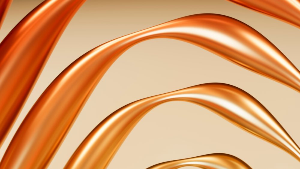 Abstract flowing orange metallic curves with smooth, shiny surfaces on a beige background.