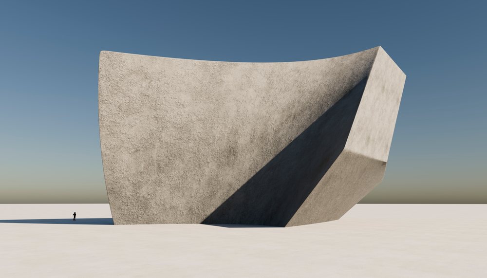 A person stands beside a large abstract concrete architectural