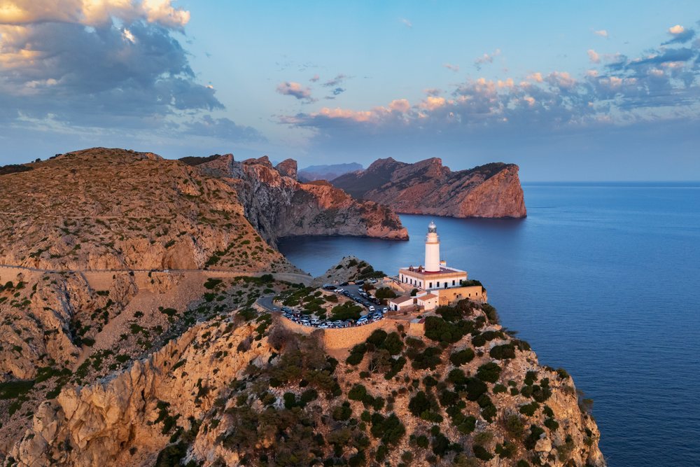 Far de Formentor Lighthouse stands on rocky cliffs, Landscape, Lifestyle, Polença, Mallorca, Spain.