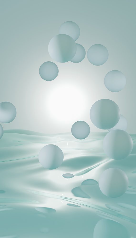 Abstract 3D render of floating spheres over a smooth water-like surface with soft blue light background.