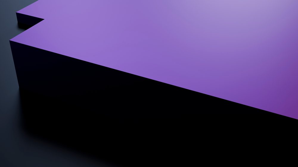 Purple three-dimensional rectangular prism with sharp angles and smooth surface casting a black shadow on a dark background.