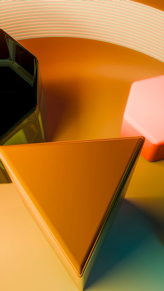 Digital illustration depicts colorful 3D triangular, hexagonal, and pentagonal prisms with illuminated stripes on a soft gradient background.
