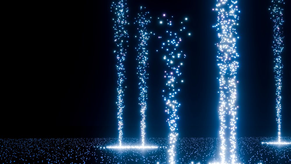 Digital art showing vertical columns of glowing blue light particles against a dark abstract background.